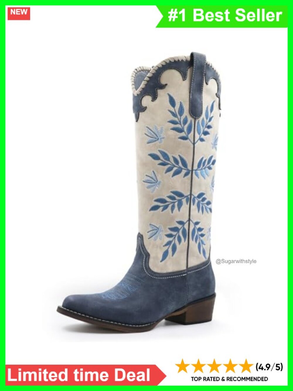Womens Cowboy Boots Leaf Embroidered Pull On Knee High Round Toe Chunky Heel